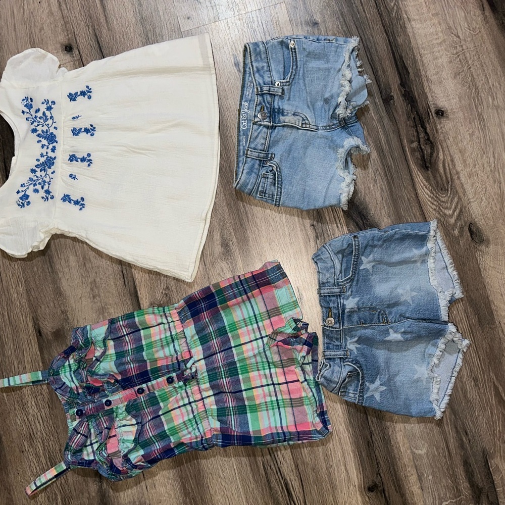 Girls Outfit Set with Embroidered Top and Denim Shorts